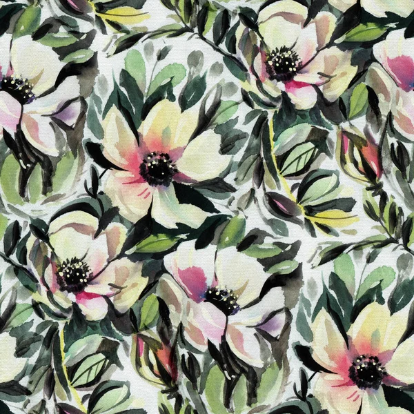 Seamless Pattern Watercolor Flowers White Anemones Hand Drawn Illustration — Stock Photo, Image