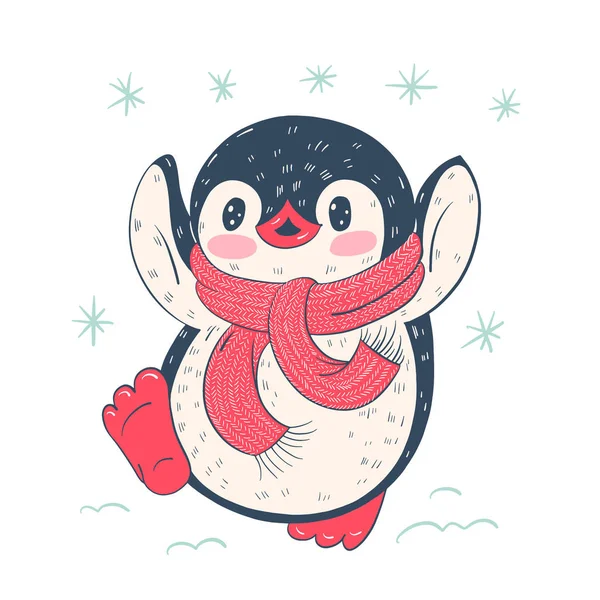 冬季例证与滑稽的动画片企鹅在围巾 — 图库矢量图片