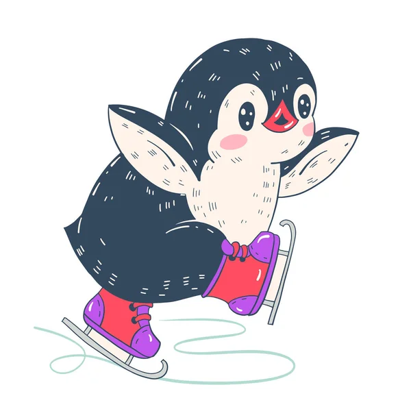 Ilustración Invierno Con Divertido Pingüino Dibujos Animados Patines Vector — Archivo Imágenes Vectoriales