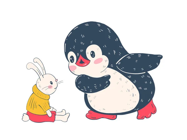 插图与滑稽的动画片企鹅与玩具兔子 — 图库矢量图片