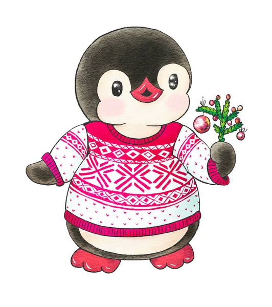 白い背景で隔離のクリスマス セーターで面白い漫画ペンギンと冬のイラスト インクで描画 — ストック写真