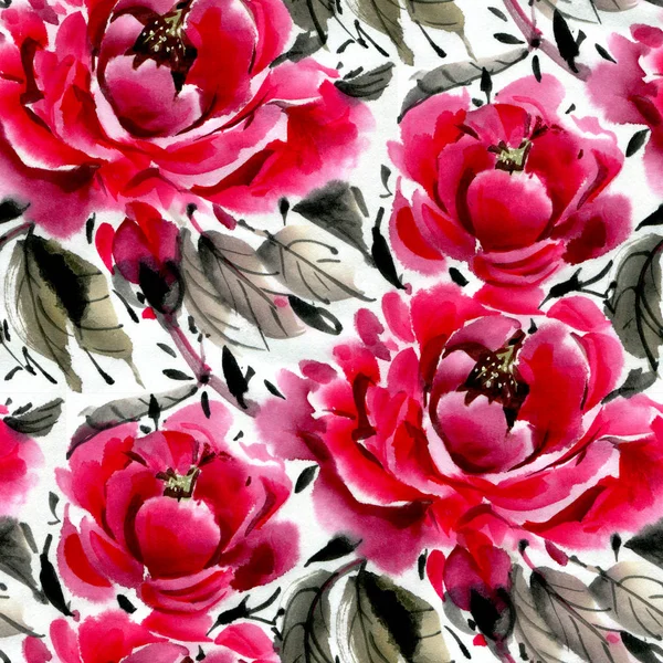 Seamless Pattern Watercolor Flowers Peonies Hand Drawn Illustration — Stock Photo, Image