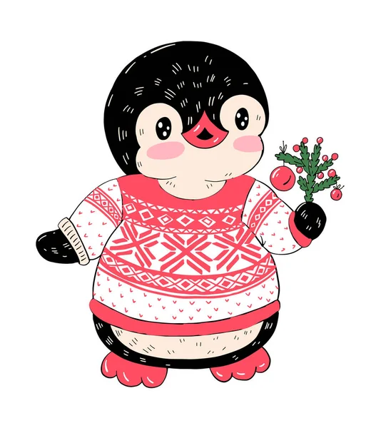 Zimní Obrázek Legrační Karikatura Tučňák Vánoční Svetr Vektor — Stockový vektor