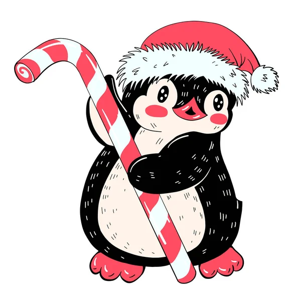 Vinter Illustration Med Rolig Tecknad Pingvin Med Polkagris Och Jul — Stock vektor