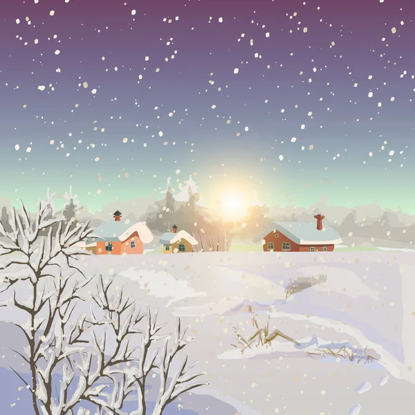 Paysage Hivernal Petit Village Coucher Soleil Illustration Vectorielle — Image vectorielle