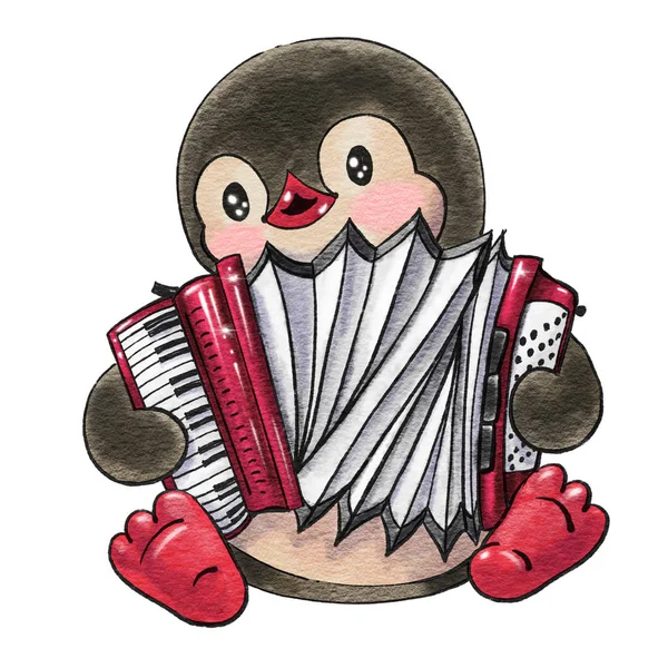 Grappige Cartoon Penguin Met Accordeon Geïsoleerd Een Witte Achtergrond Tekening — Stockfoto