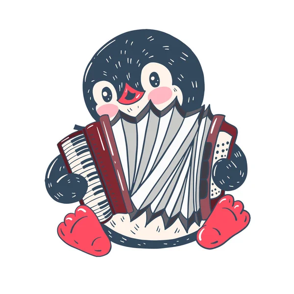 Winter Illustratie Met Grappige Cartoon Pinguïn Met Accordeon Vector — Stockvector