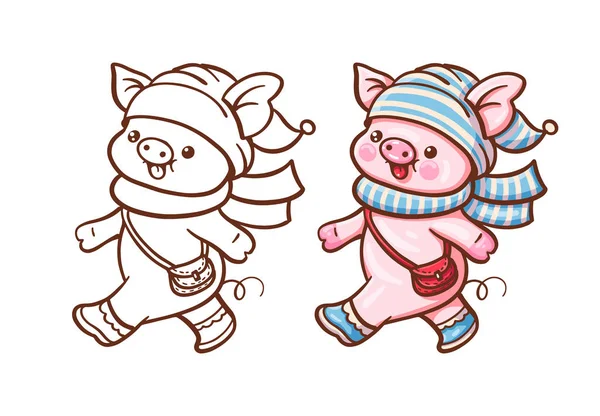 Winter Illustration Cute Cartoon Pig Painted Monochrome Version Vector — Stock Vector