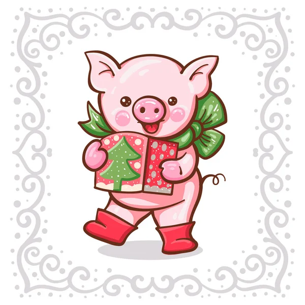 Ilustração Inverno Com Porco Bonito Dos Desenhos Animados Com Presente — Vetor de Stock