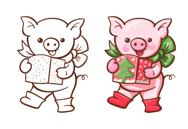 Ilustração Inverno Com Porco Bonito Dos Desenhos Animados Versão Pintada — Vetor de Stock