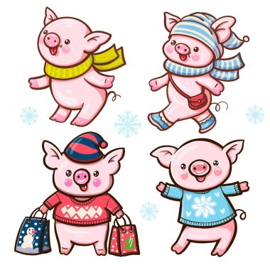 Sevimli çizgi domuz kümesi. Vektör çizim.