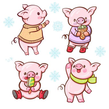 Sevimli çizgi domuz kümesi. Vektör çizim.