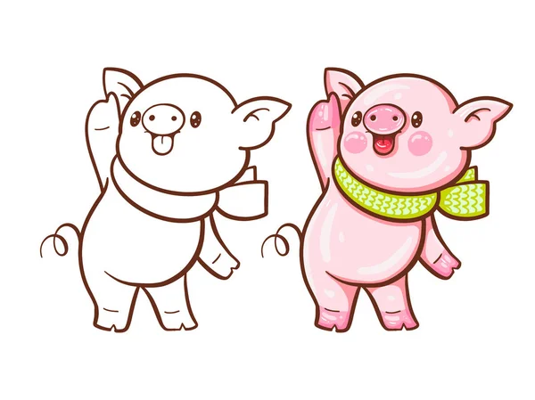 Ilustração Inverno Com Porco Bonito Dos Desenhos Animados Versão Pintada — Vetor de Stock