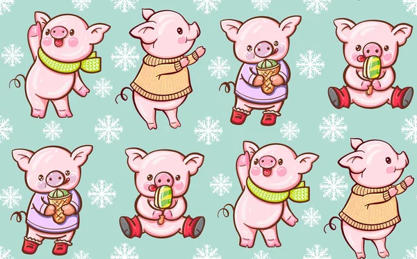 Seamless Pattern Cute Cartoon Pigs Vector Illustration — Stock Vector