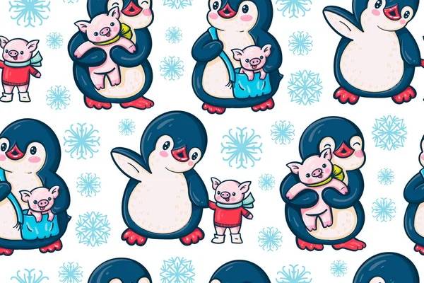 Wzór Cute Pingwina Pig Ręcznie Rysowane Ilustracja Wektor — Wektor stockowy