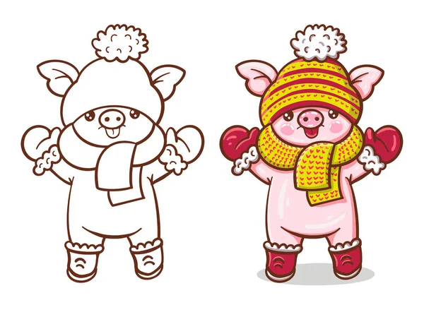 Illustration Hiver Avec Cochon Dessin Animé Mignon Version Peinte Monochrome — Image vectorielle