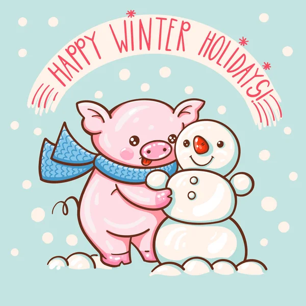 Ilustración Invierno Con Lindo Cerdo Dibujos Animados Vector — Vector de stock