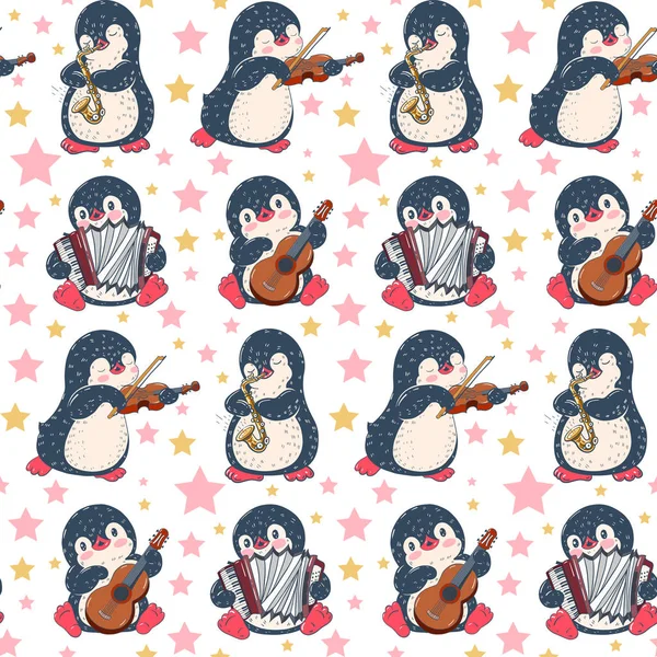 Modello Senza Cuciture Con Simpatici Pinguini Con Strumenti Musicali Illustrazione — Vettoriale Stock