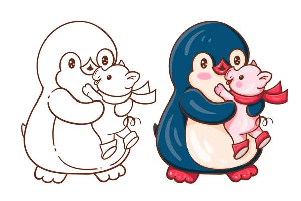 Зимняя Иллюстрация Смешным Мультяшным Пингвином Свиньей Окрашенная Монохромная Версия Вектор — стоковый вектор