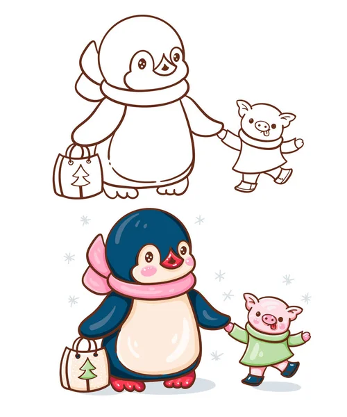 豚と面白い漫画ペンギンと冬のイラスト モノクロ バージョンです ベクトル — ストックベクタ