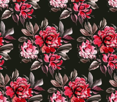 Siyah zemin üzerine kırmızı suluboya çiçekli seamless modeli. Resimde çizilmiş. 