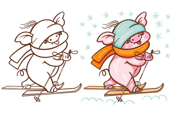 冬天例证与可爱的动画片猪在滑雪板 彩绘和单色版本 — 图库矢量图片