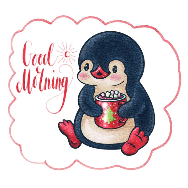 Winter Illustratie Met Grappige Cartoon Pinguïn Met Een Kopje Cacao — Stockfoto