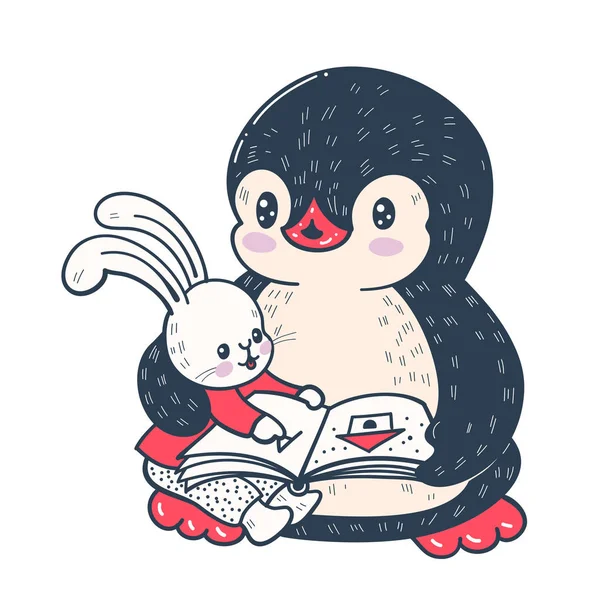 Illustrazione Con Pinguino Carino Coniglietto Giocattolo — Foto Stock