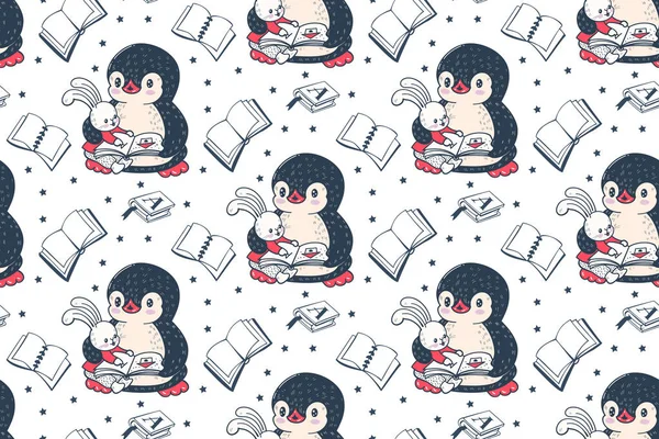 Bezszwowe Wzór Ładny Pingwiny Ręcznie Rysowane Ilustracja — Zdjęcie stockowe