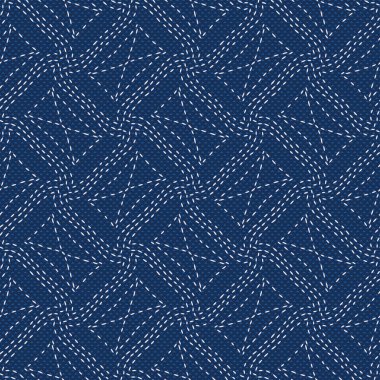 Indigo kumaş üzerine beyaz iş parçacığı ile Japon nakış taklit. Seamless modeli. Vektör.