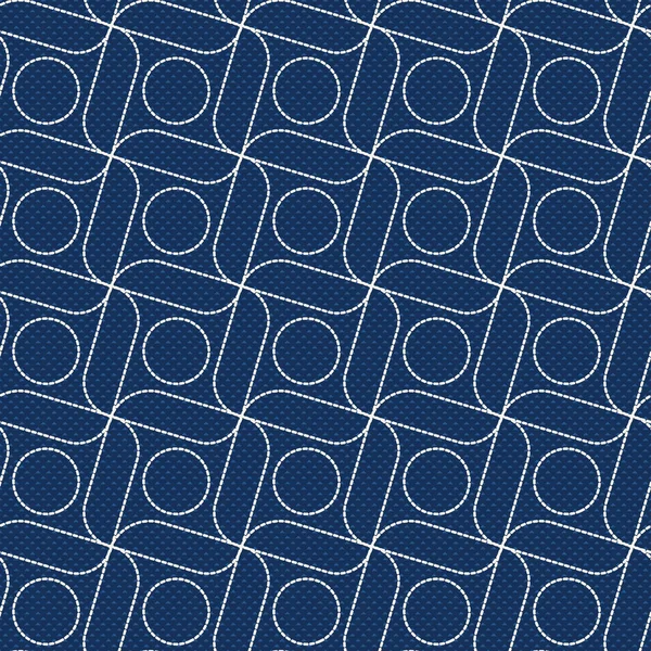 仿制日本刺绣与白色线在深蓝织物 无缝模式 — 图库矢量图片