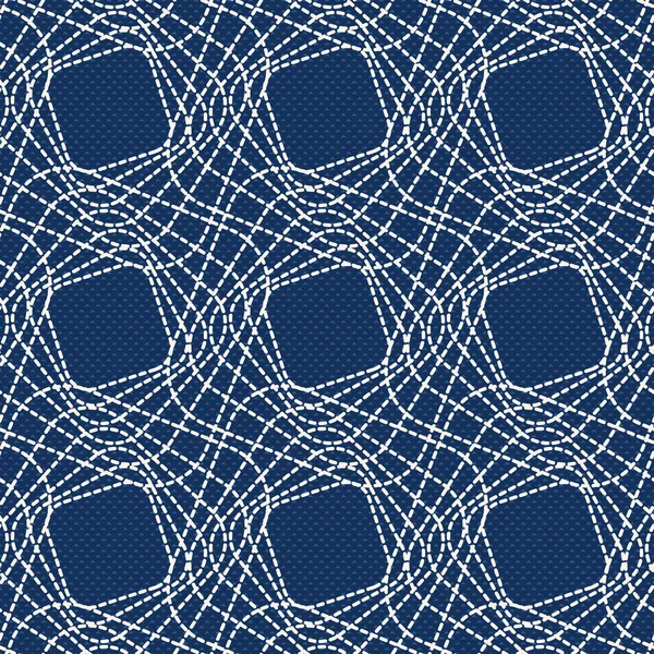 仿制日本刺绣与白色线在深蓝织物 无缝模式 — 图库矢量图片