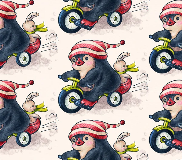 Bezszwowe Wzór Ładny Pingwiny Zabawka Króliczek Rowerze Ręcznie Rysowane Ilustracja — Zdjęcie stockowe