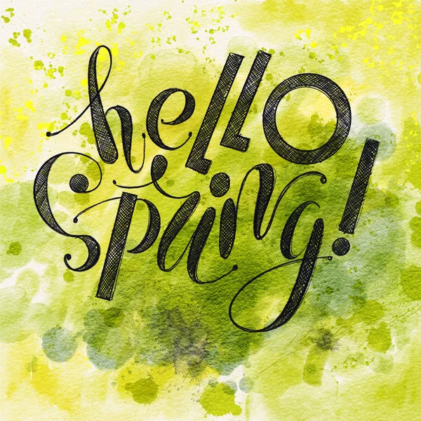 Fhrase Hello Spring Lettering Isolated Green Watercolor Background Handwritten Illustration — Stock Photo, Image