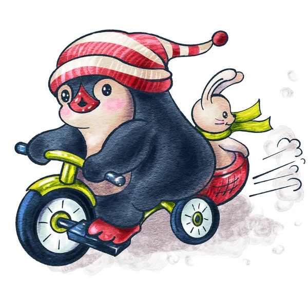 Ilustración Con Divertido Pingüino Dibujos Animados Juguete Bunny Bicicleta Aislado —  Fotos de Stock