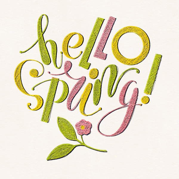 Fhrase Hello Spring Drawing Colored Pencils Isolated Background Handwritten Illustration — Stock Photo, Image