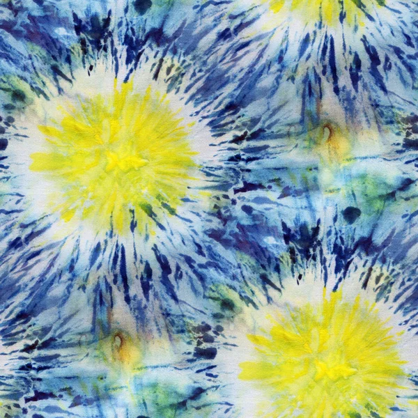 Sömlös Tie Dye Mönster Gula Och Blå Färg Vitt Siden — Stockfoto