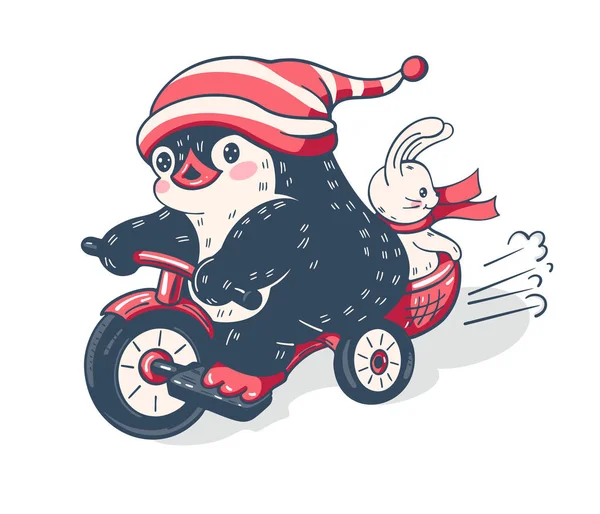 Illusztráció Egy Toy Nyuszi Kerékpárral Vicces Rajzfilm Pingvin Vektor — Stock Vector