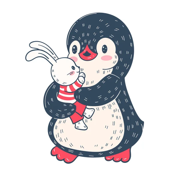 Зимняя Иллюстрация Смешным Мультяшным Пингвином Игрушечным Кроликом Вектор — стоковый вектор
