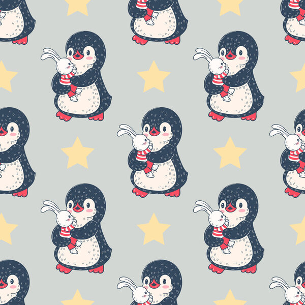 Seamless pattern with cute Penguin and Bunny. Hand-drawn illustration. Vector.