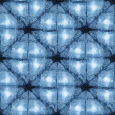 Beyaz ipeğin üzerindeki çivit rengi kusursuz kravat boyası deseni. El boyası kumaşlar - nodüler batik. Shibori boyaması.. 