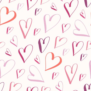 Kusursuz desenli, karalama stilinde kalpler. Vektör illüstrasyonu. 