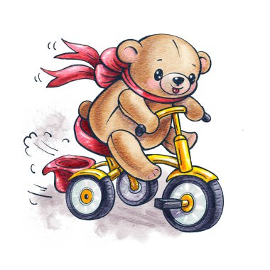 Beyaz arka plan üzerinde izole bir bisiklet sürme bir oyuncak ayı. Çizim mürekkebi ve suluboya.