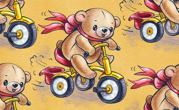 Seamless Pattern Funny Cartoon Teddy Bears Riding Bicycles Drawing Watercolor — Stock Photo, Image