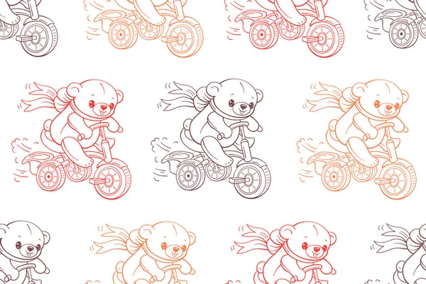 Seamless Pattern Funny Cartoon Bears Riding Bicycles Vector Illustration — Stock Vector
