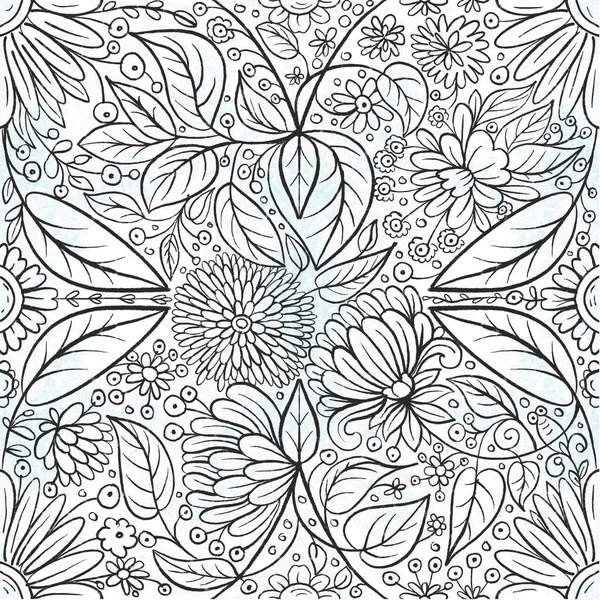 黒と白の花を持つシームレス パターン 手描きイラスト — ストック写真