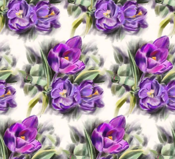 Nahtloses Muster Mit Blumen Auf Weißem Hintergrund Purpurrote Krokusse Digitale — Stockfoto