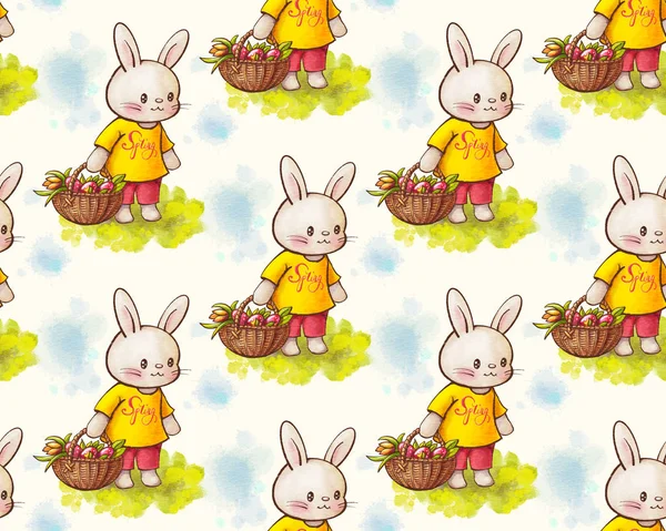 Naadloze Patroon Met Grappige Cartoon Bunnies Tekening Aquarel Inkt Handgetekende — Stockfoto