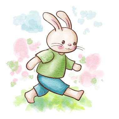 Beyaz bir arka plan üzerinde izole sevimli tavşan. Çizim suluboya ve mürekkep. Resimde çizilmiş. 