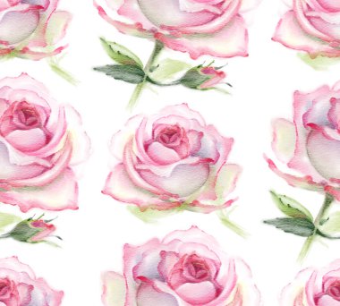 Pembe suluboya gül ile Seamless modeli. Resimde çizilmiş. 